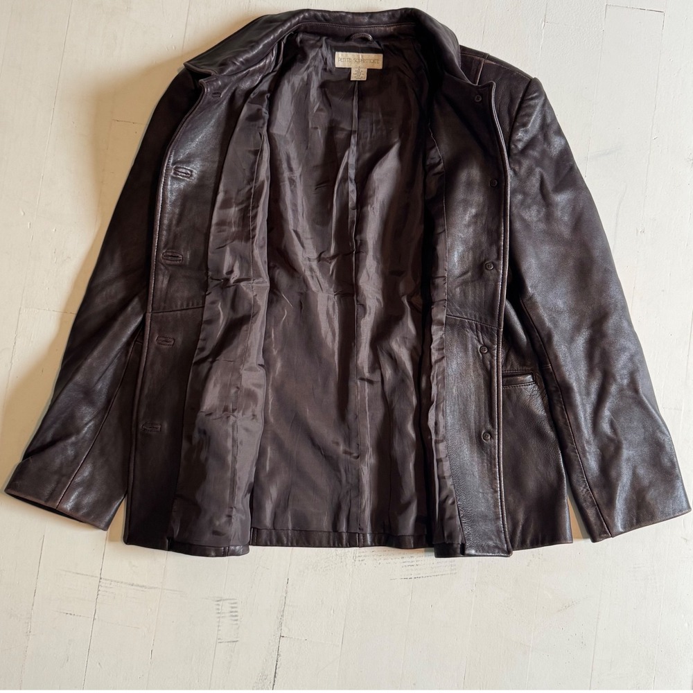 90s Vintage Brown Patina Leather Jacket Button Front Car Coat Eclectic Matrix M - Picture 7 of 9